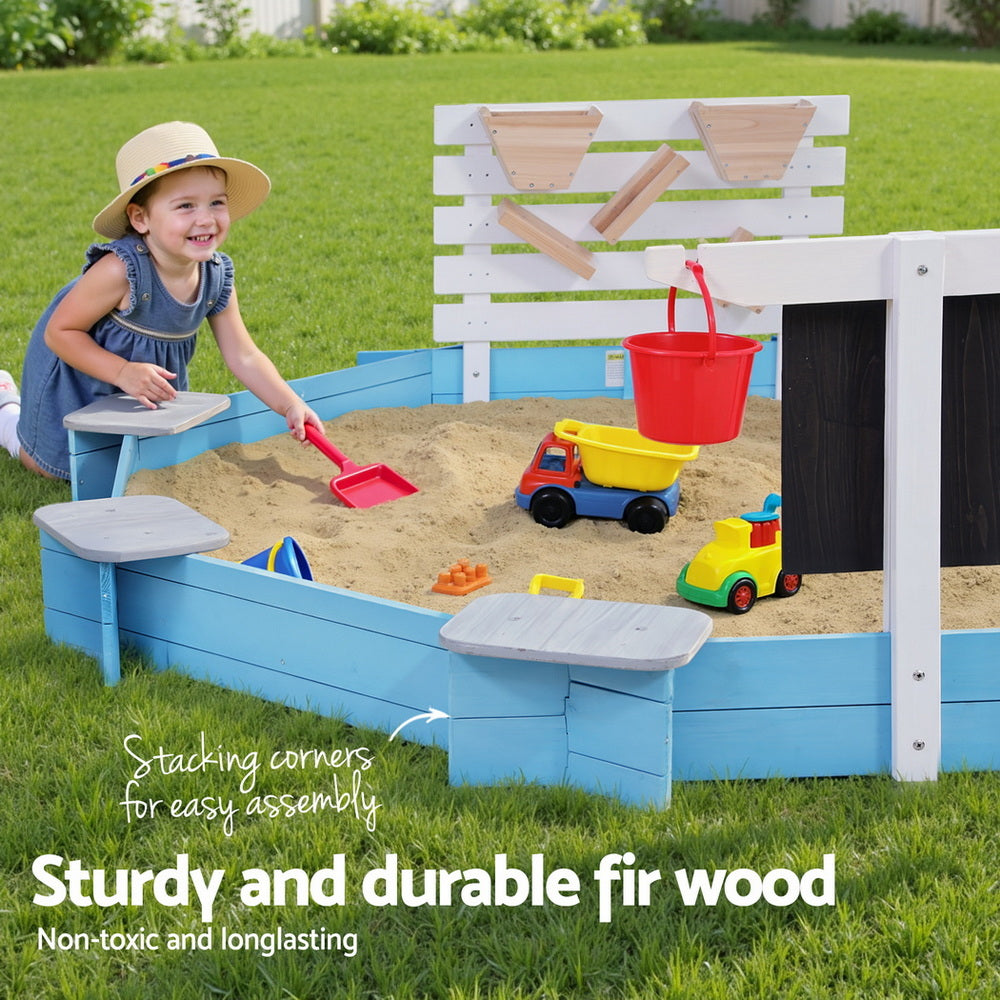 Keezi Kids Sandpit Wooden Round Sand Pit with Cover Funnel Bench Seat Beach Toys 215cm Awezingly