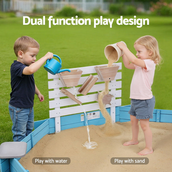 Keezi Kids Sandpit Wooden Round Sand Pit with Cover Funnel Bench Seat Beach Toys 215cm Awezingly