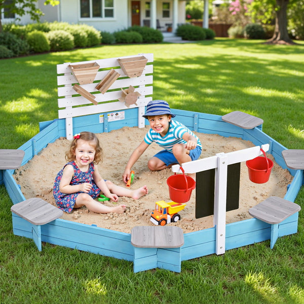 Keezi Kids Sandpit Wooden Round Sand Pit with Cover Funnel Bench Seat Beach Toys 215cm Awezingly