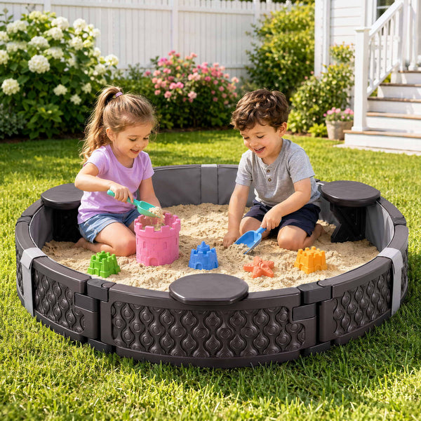 Kids Outdoor Sandpit Toys Sandbox 121cm Round Brown 3 Seats Cover Liner Awezingly