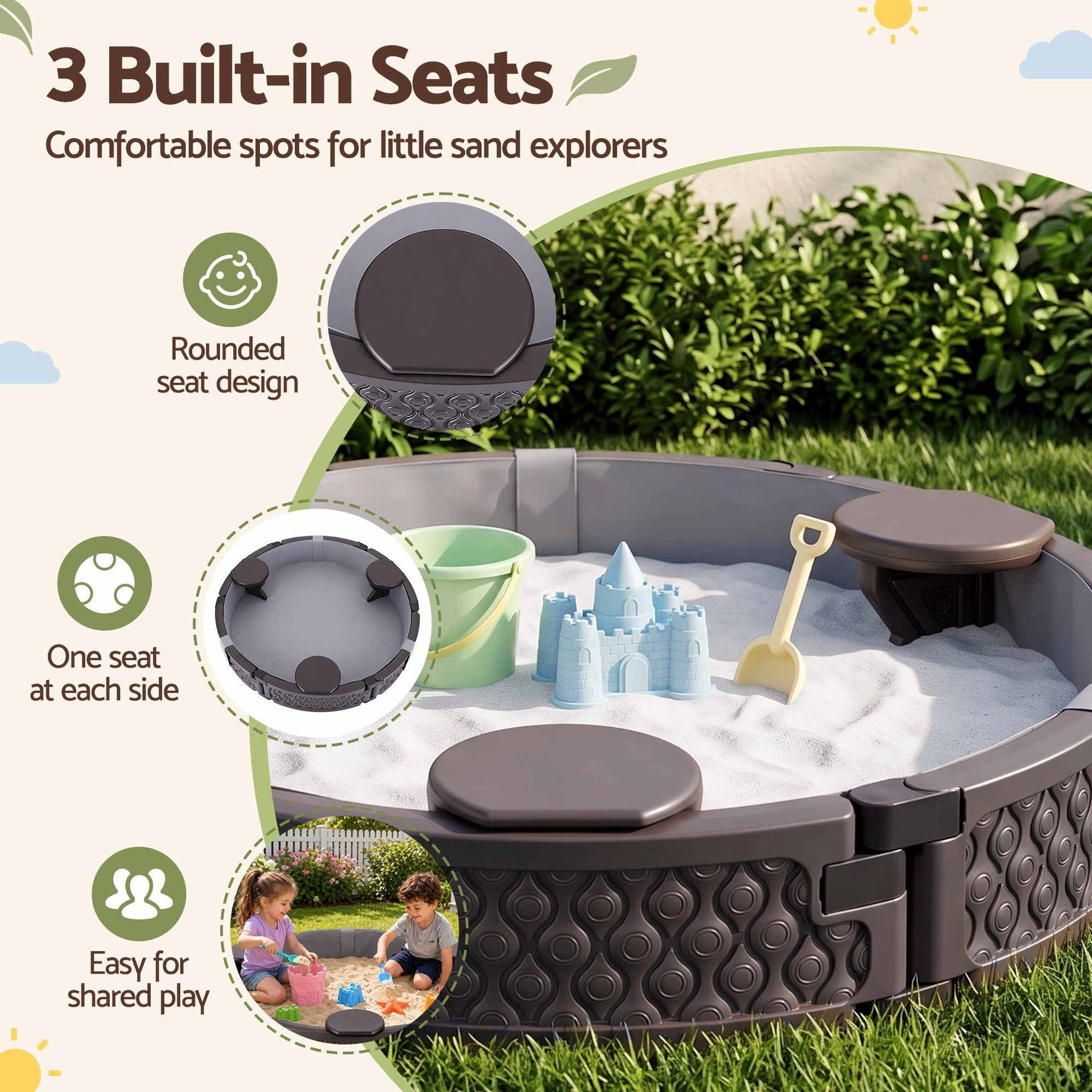 Kids Outdoor Sandpit Toys Sandbox 121cm Round Brown 3 Seats Cover Liner Awezingly
