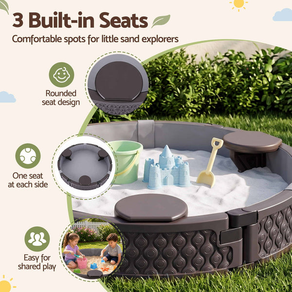 Kids Outdoor Sandpit Toys Sandbox 121cm Round Brown 3 Seats Cover Liner Awezingly