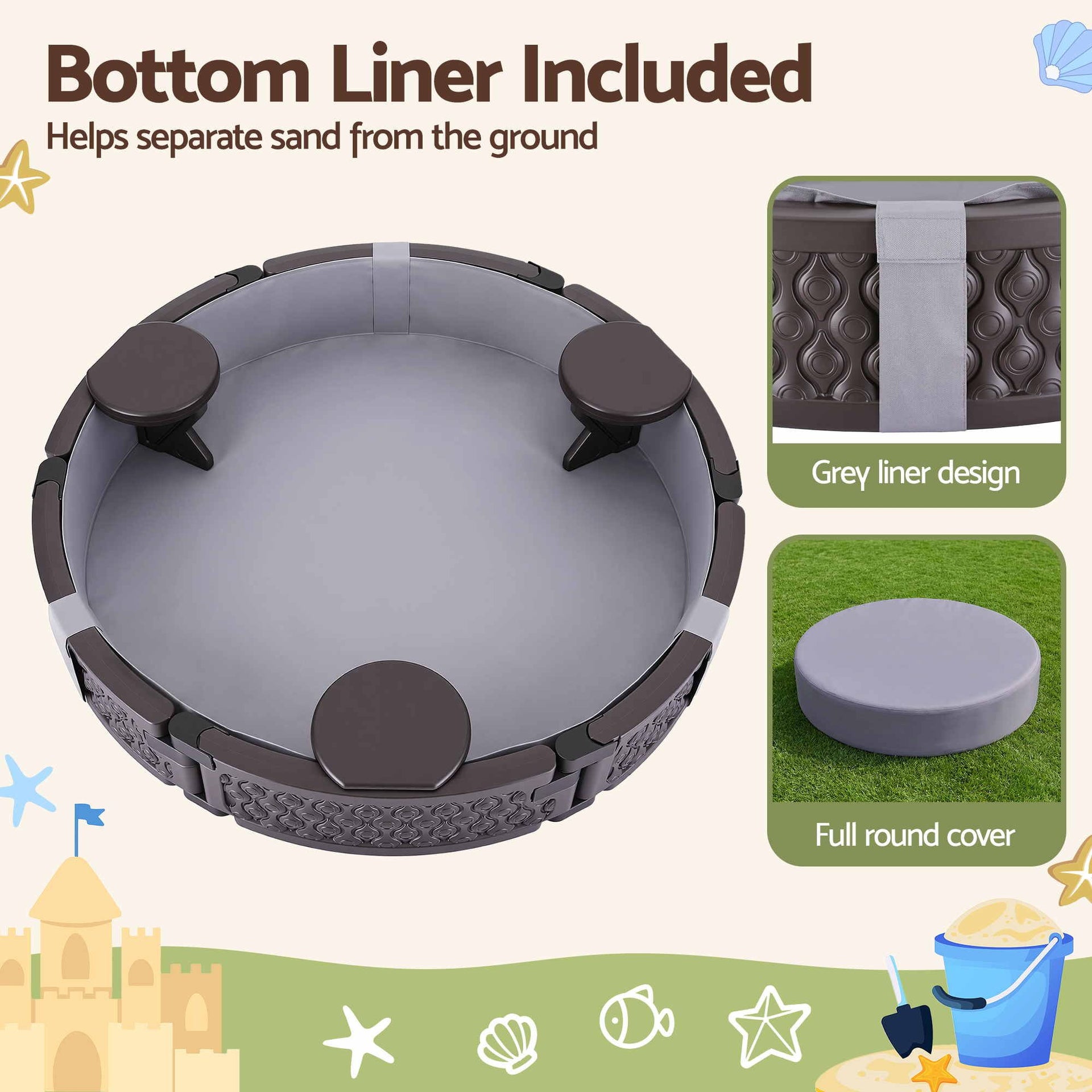 Kids Outdoor Sandpit Toys Sandbox 121cm Round Brown 3 Seats Cover Liner Awezingly