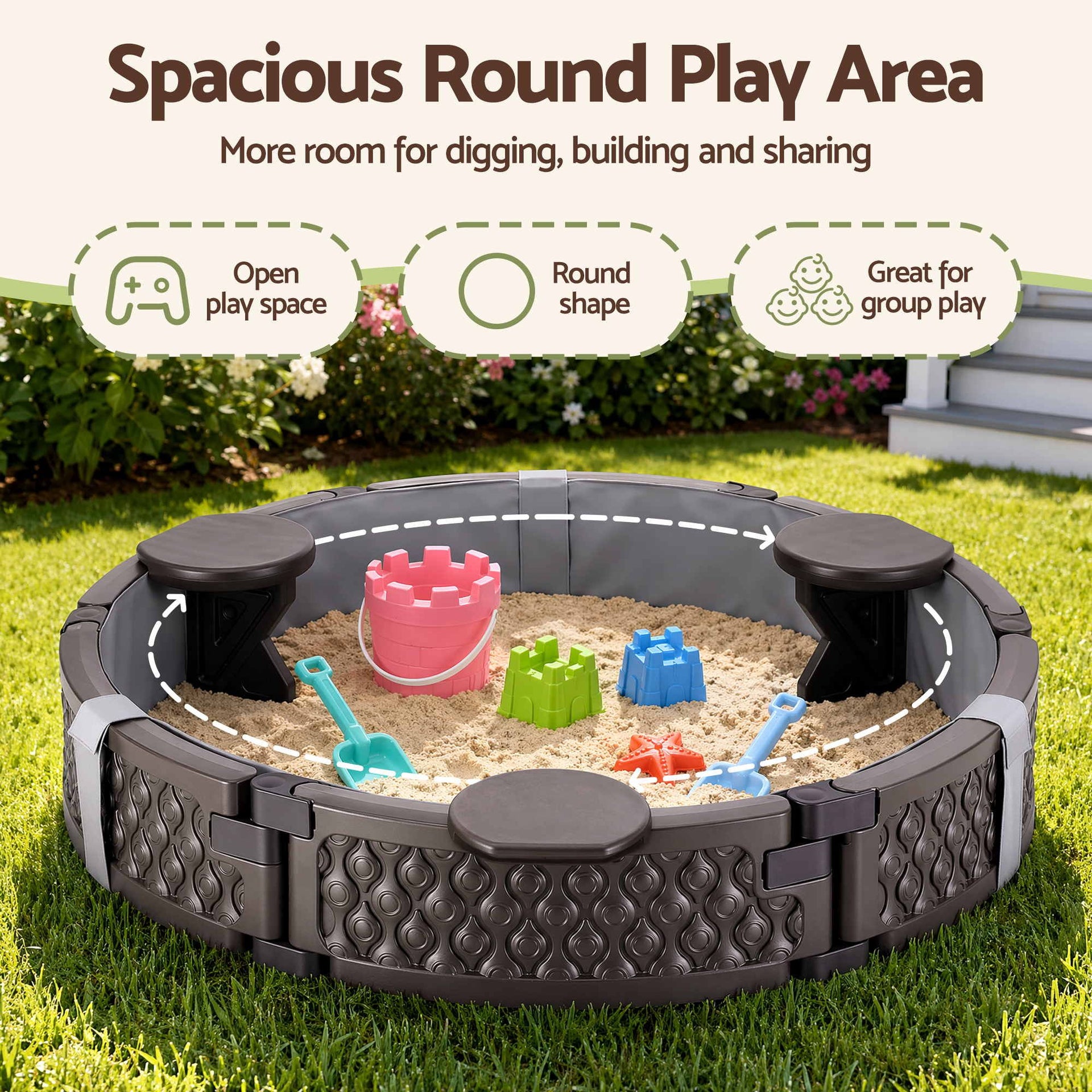 Kids Outdoor Sandpit Toys Sandbox 121cm Round Brown 3 Seats Cover Liner Awezingly