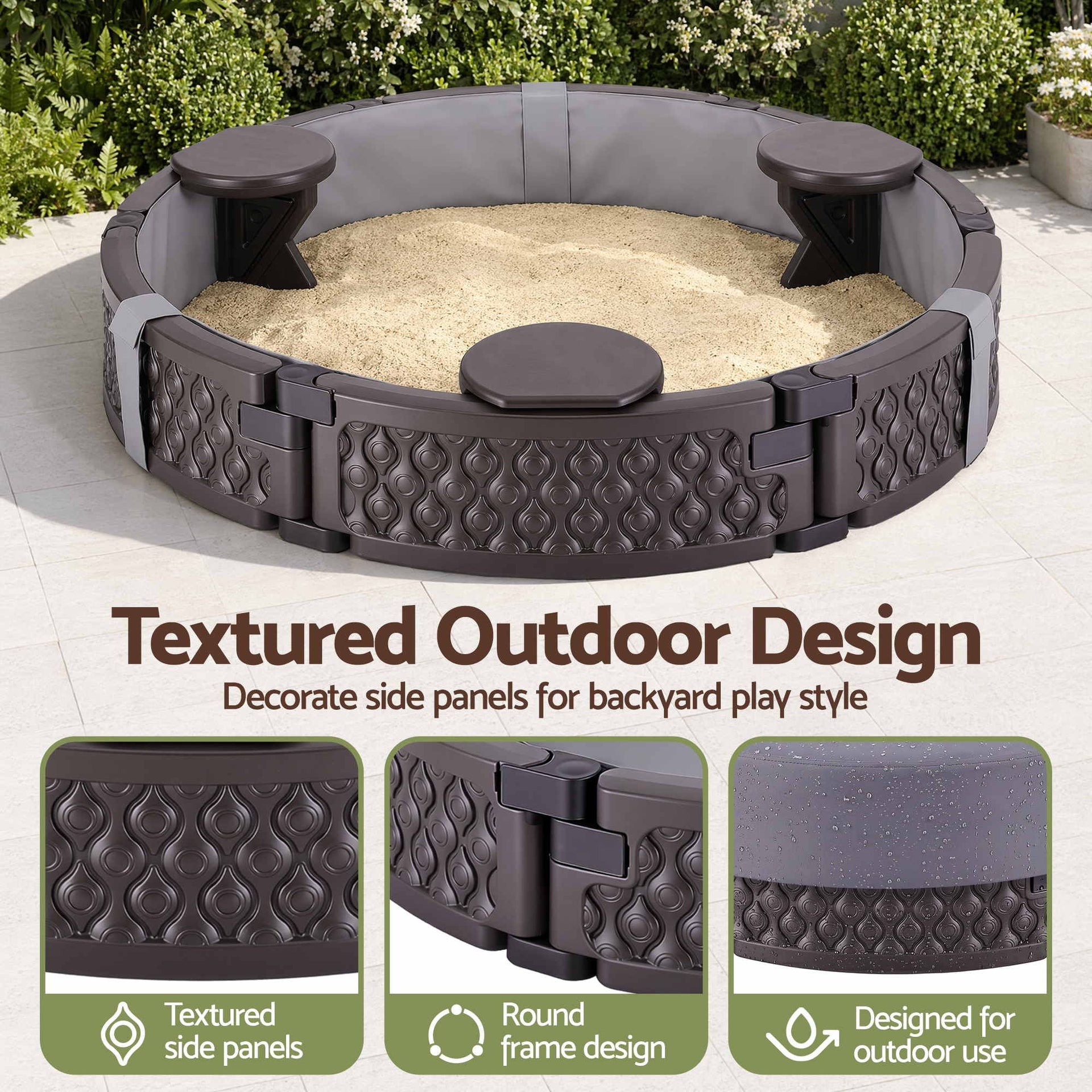 Kids Outdoor Sandpit Toys Sandbox 121cm Round Brown 3 Seats Cover Liner Awezingly
