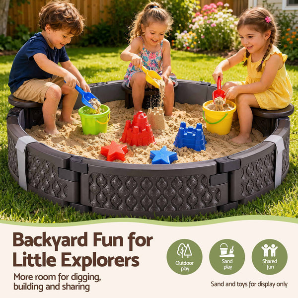 Kids Outdoor Sandpit Toys Sandbox 121cm Round Brown 3 Seats Cover Liner Awezingly