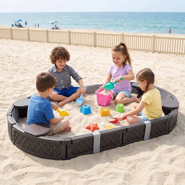 Keezi Kids Sandpit Toys Outdoor Sandbox Oval Sand Pit 4 Seats Grey Cover Awezingly