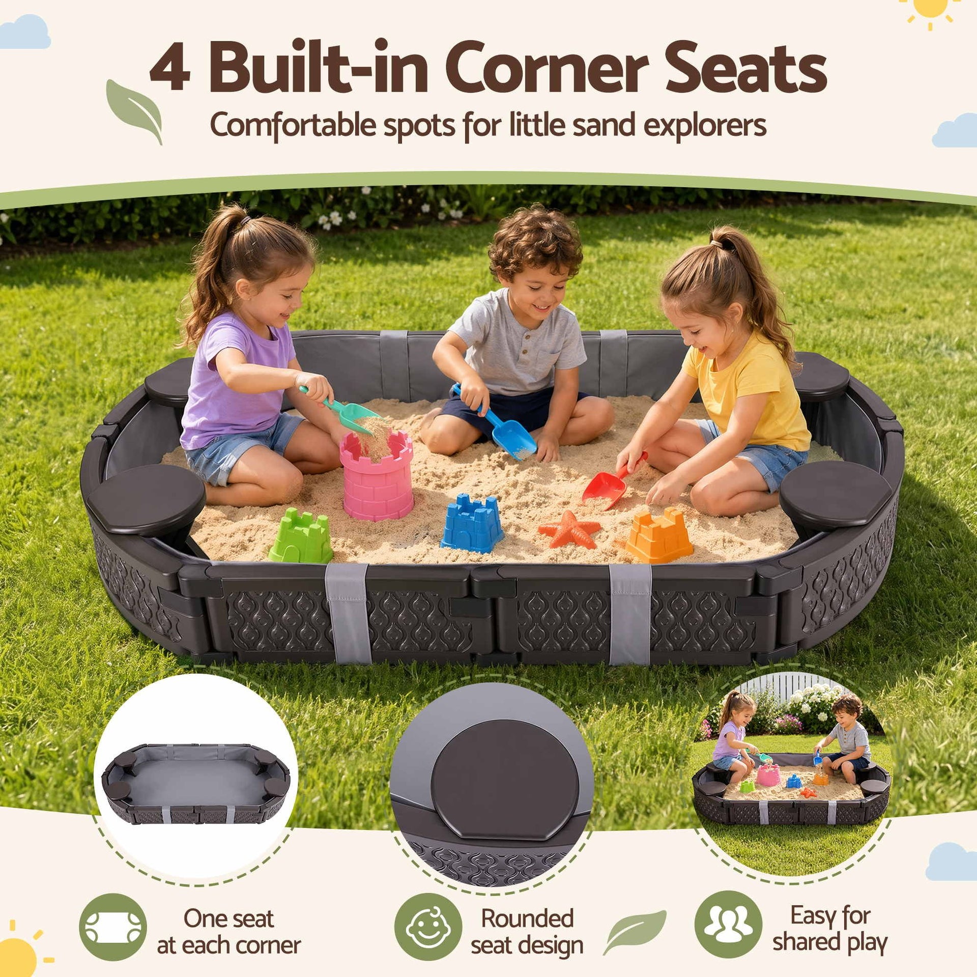 Keezi Kids Sandpit Toys Outdoor Sandbox Oval Sand Pit 4 Seats Grey Cover Awezingly