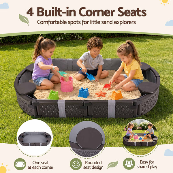 Keezi Kids Sandpit Toys Outdoor Sandbox Oval Sand Pit 4 Seats Grey Cover Awezingly