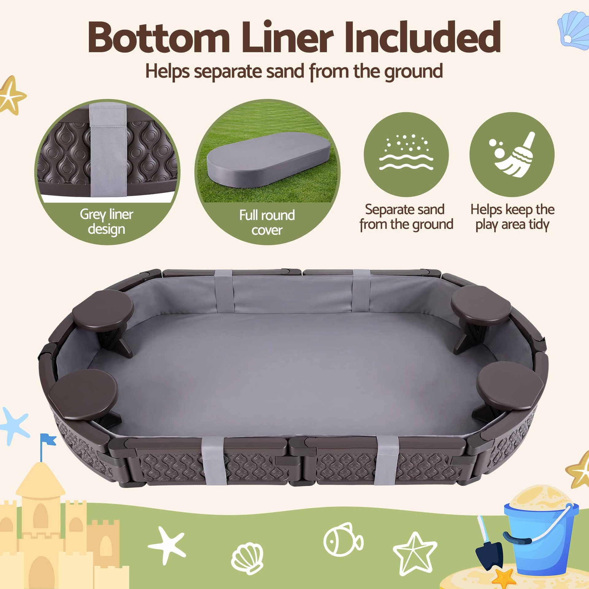 Keezi Kids Sandpit Toys Outdoor Sandbox Oval Sand Pit 4 Seats Grey Cover Awezingly