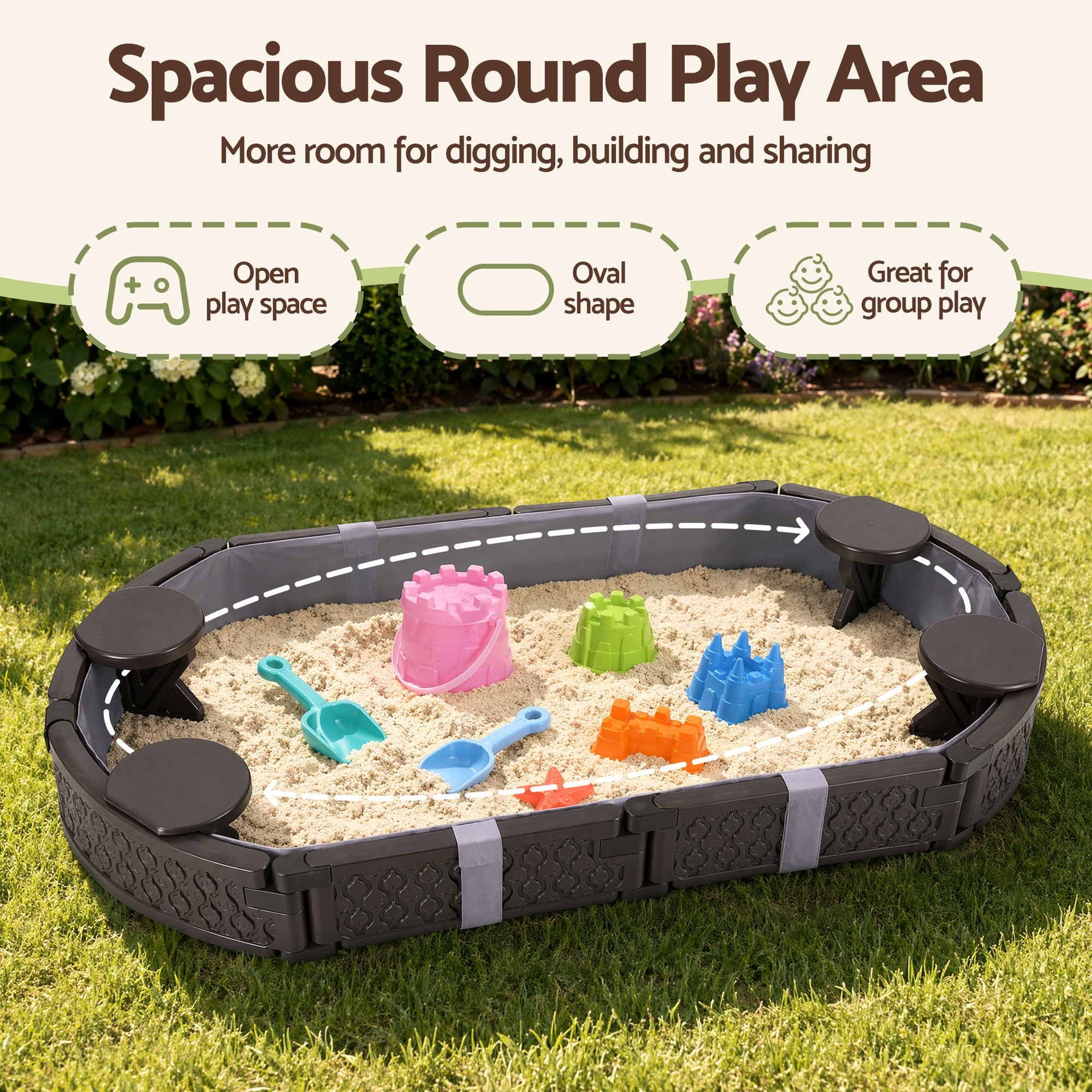 Keezi Kids Sandpit Toys Outdoor Sandbox Oval Sand Pit 4 Seats Grey Cover Awezingly