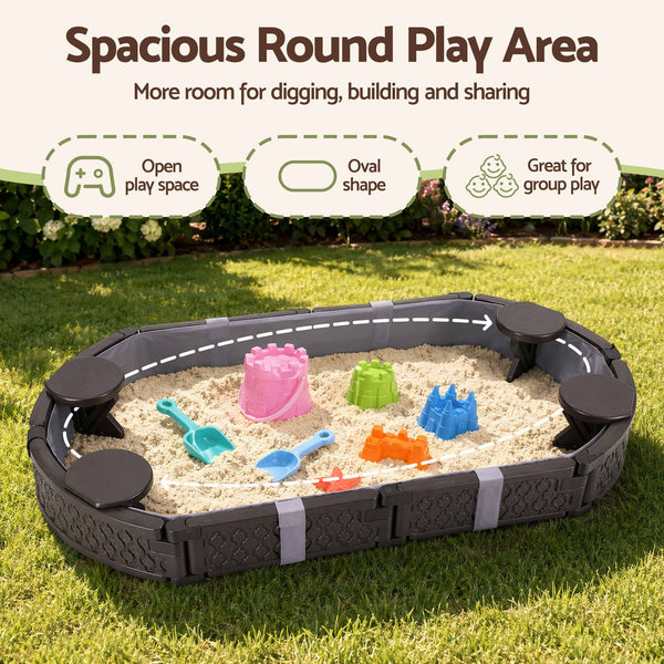 Keezi Kids Sandpit Toys Outdoor Sandbox Oval Sand Pit 4 Seats Grey Cover Awezingly