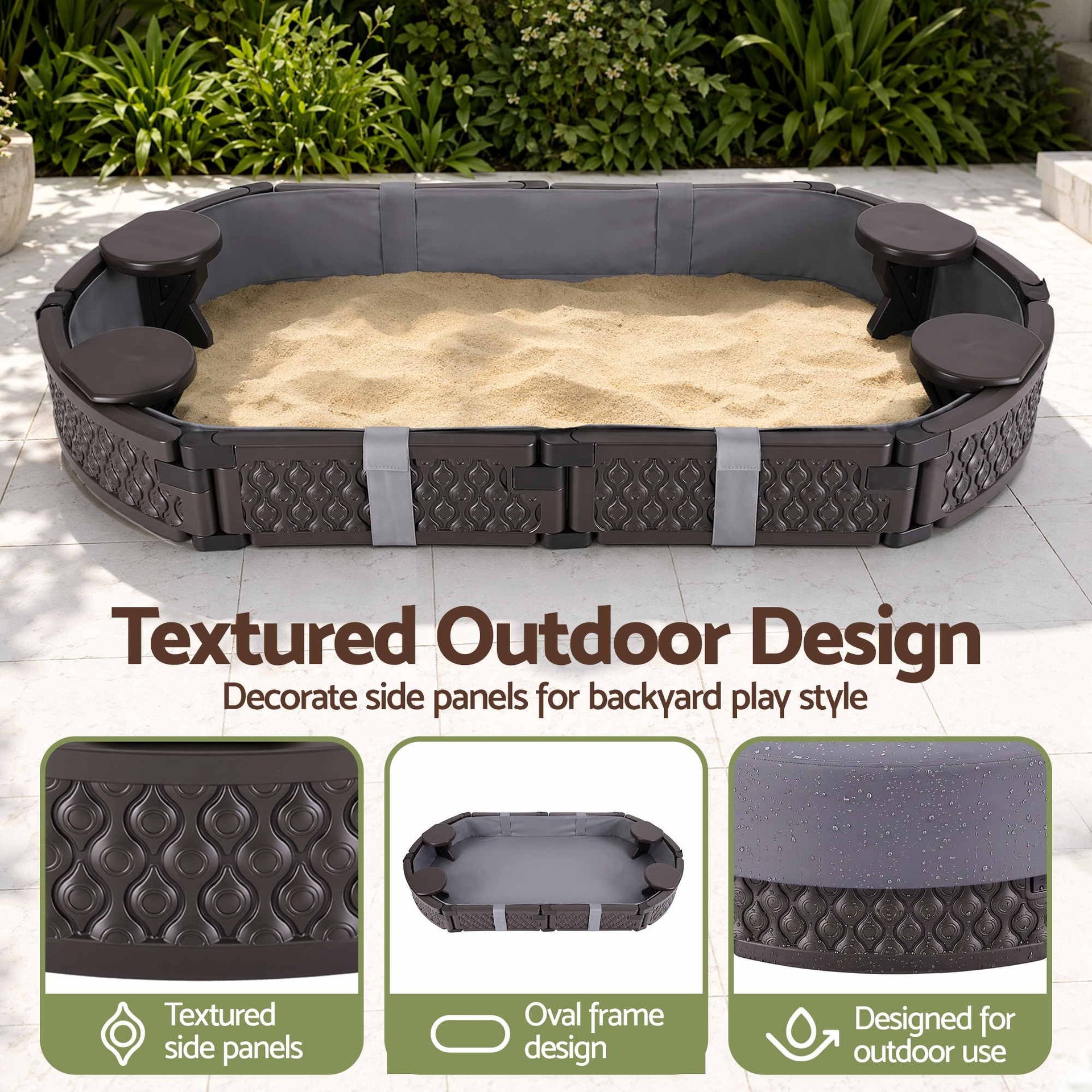 Keezi Kids Sandpit Toys Outdoor Sandbox Oval Sand Pit 4 Seats Grey Cover Awezingly