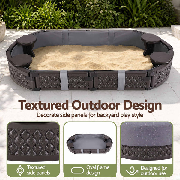 Keezi Kids Sandpit Toys Outdoor Sandbox Oval Sand Pit 4 Seats Grey Cover Awezingly
