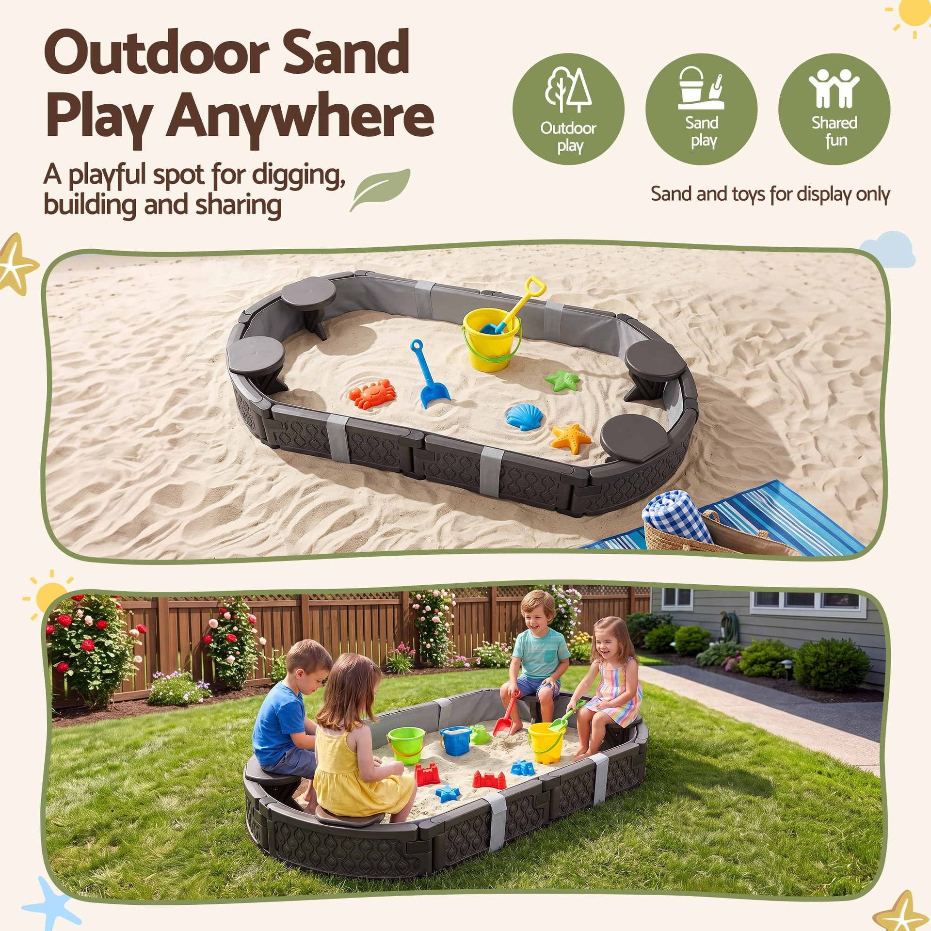 Keezi Kids Sandpit Toys Outdoor Sandbox Oval Sand Pit 4 Seats Grey Cover Awezingly