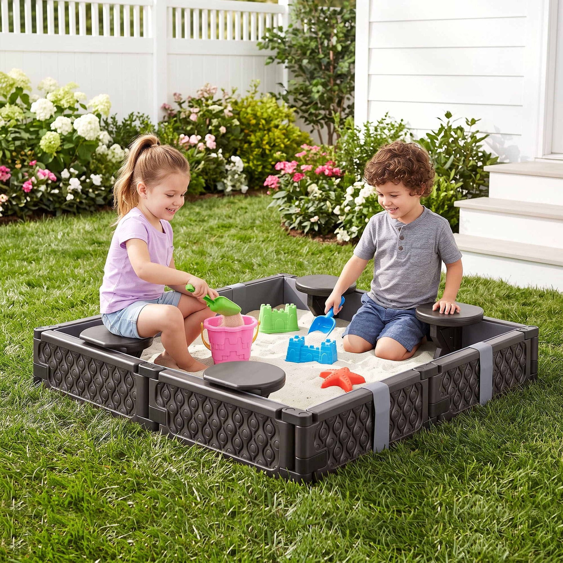 Keezi Kids Sandpit Sandbox With Cover 4 Seats Outdoor Sand Box Brown Awezingly