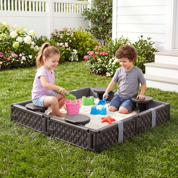 Keezi Kids Sandpit Sandbox With Cover 4 Seats Outdoor Sand Box Brown Awezingly