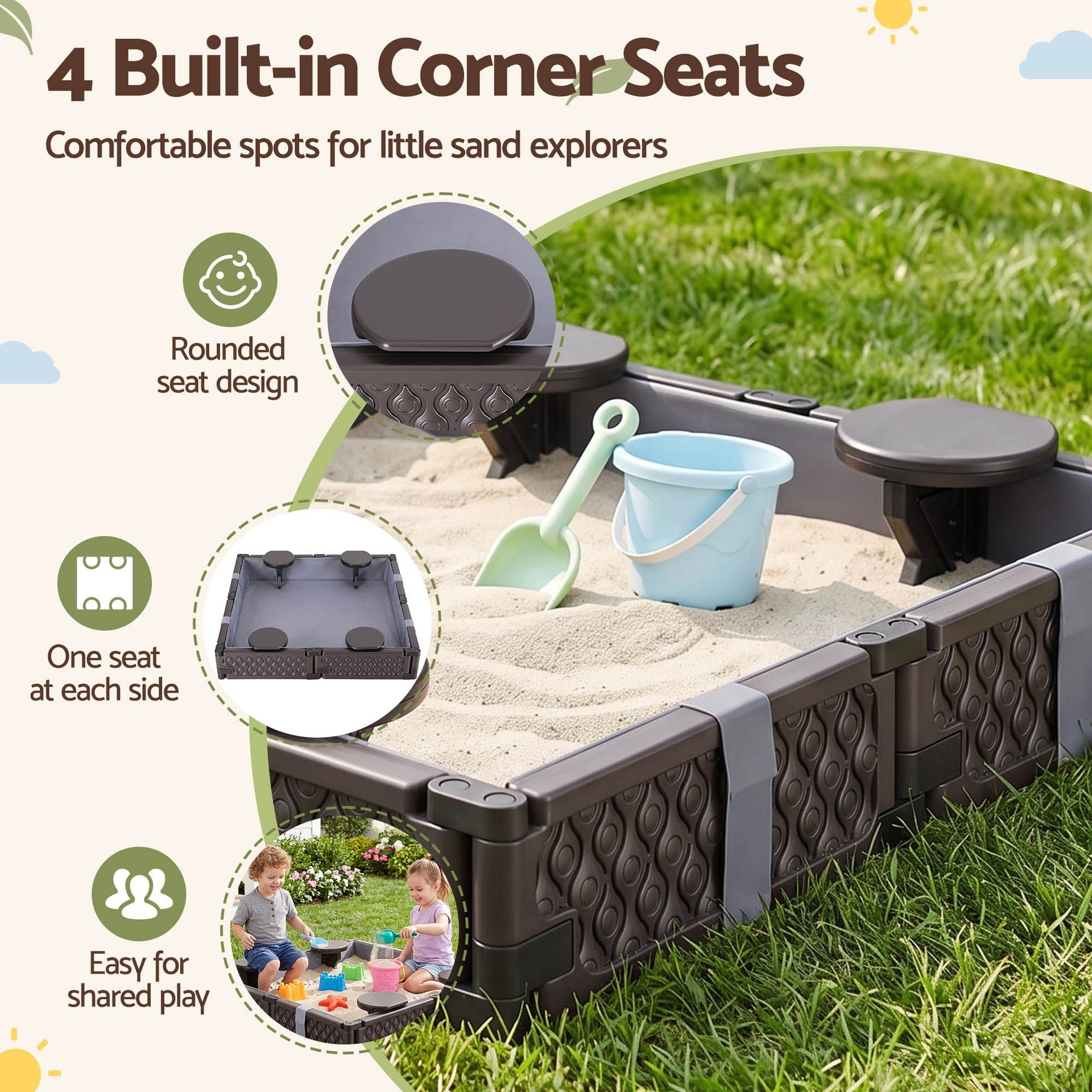 Keezi Kids Sandpit Sandbox With Cover 4 Seats Outdoor Sand Box Brown Awezingly