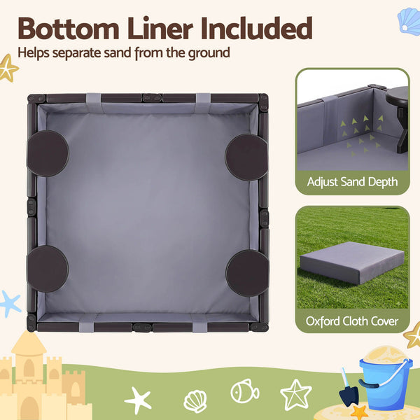 Keezi Kids Sandpit Sandbox With Cover 4 Seats Outdoor Sand Box Brown Awezingly
