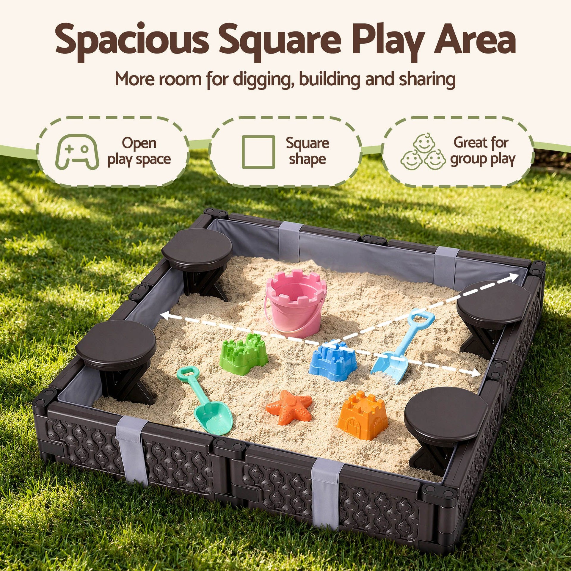 Keezi Kids Sandpit Sandbox With Cover 4 Seats Outdoor Sand Box Brown Awezingly