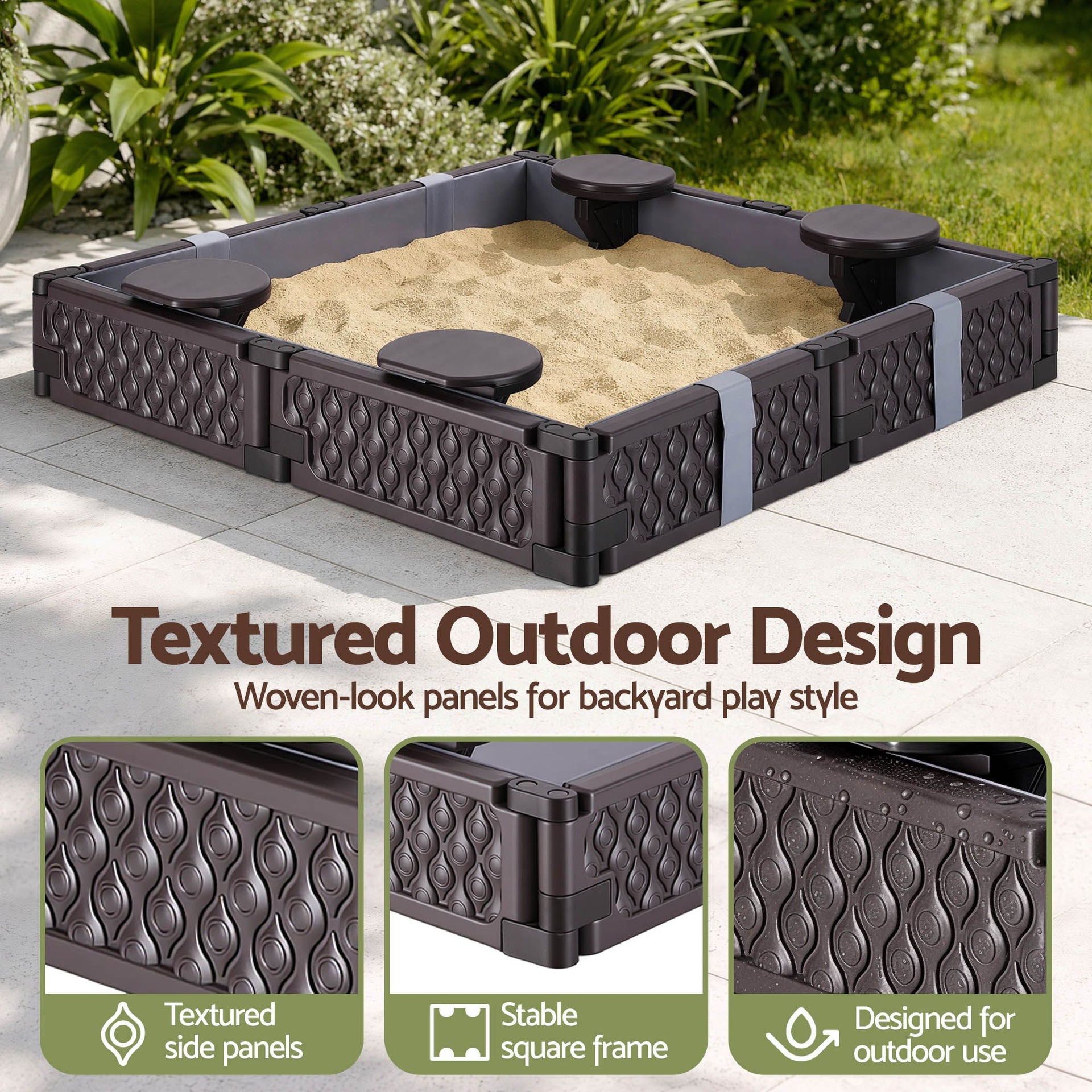 Keezi Kids Sandpit Sandbox With Cover 4 Seats Outdoor Sand Box Brown Awezingly