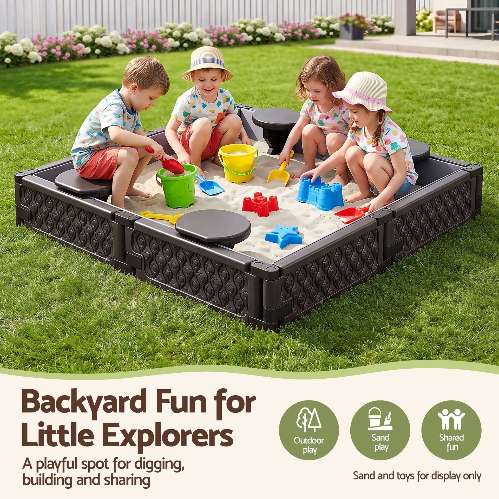 Keezi Kids Sandpit Sandbox With Cover 4 Seats Outdoor Sand Box Brown Awezingly