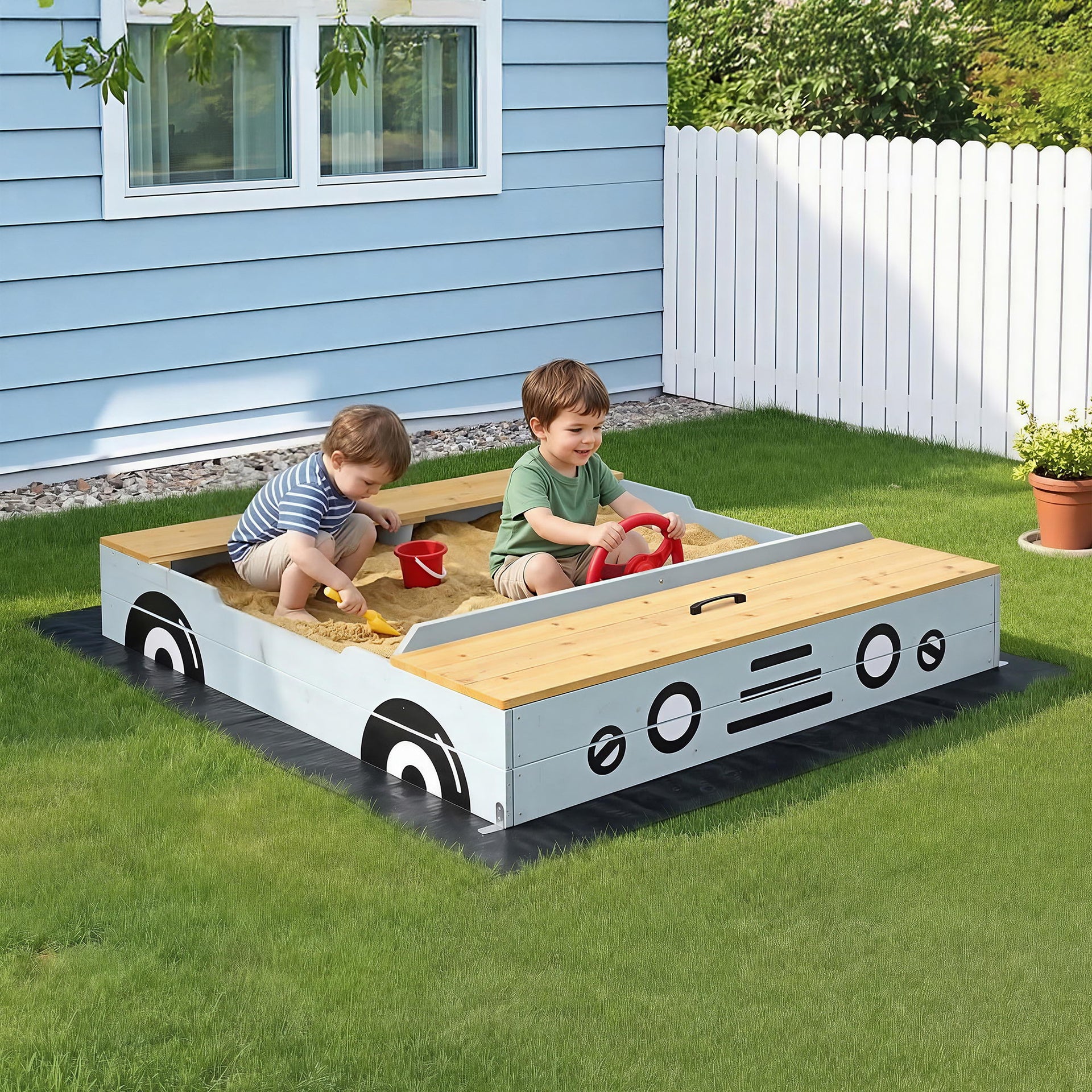 Keezi Wooden Car Sandpit Kids Sandbox Outdoor Play Toy w/ Storage Ground Sheet 120cm Awezingly