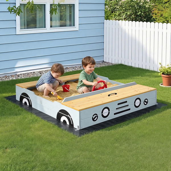 Keezi Wooden Car Sandpit Kids Sandbox Outdoor Play Toy w/ Storage Ground Sheet 120cm Awezingly