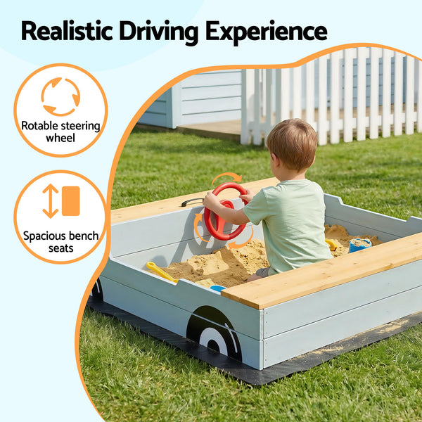 Keezi Wooden Car Sandpit Kids Sandbox Outdoor Play Toy w/ Storage Ground Sheet 120cm Awezingly