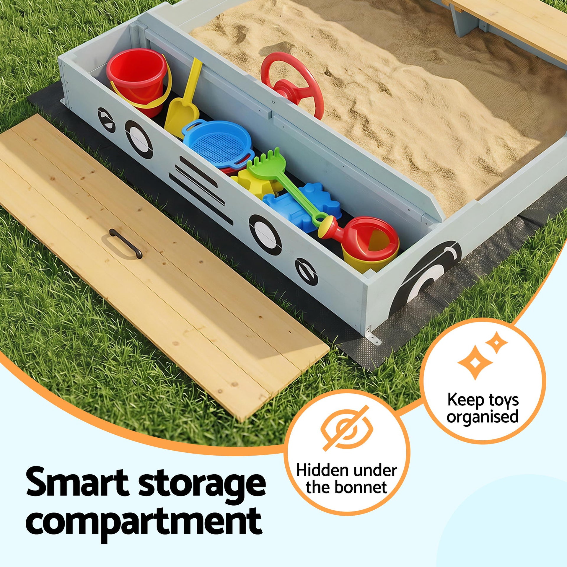 Keezi Wooden Car Sandpit Kids Sandbox Outdoor Play Toy w/ Storage Ground Sheet 120cm Awezingly