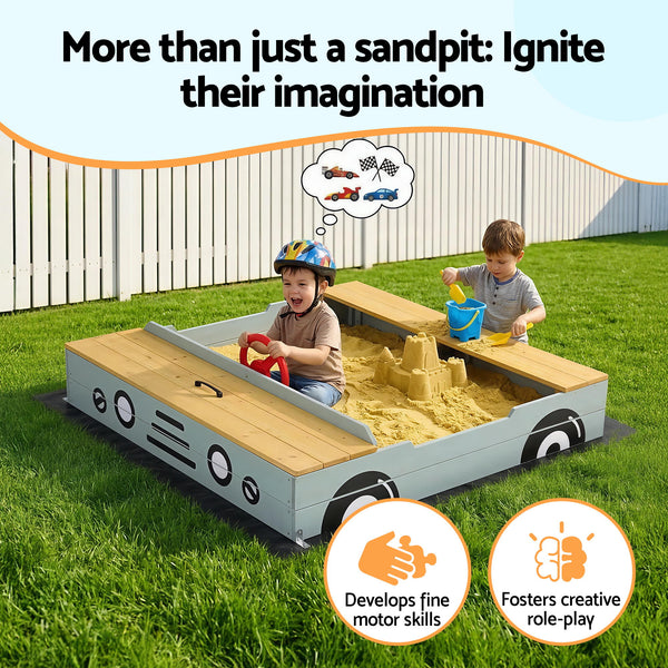 Keezi Wooden Car Sandpit Kids Sandbox Outdoor Play Toy w/ Storage Ground Sheet 120cm Awezingly