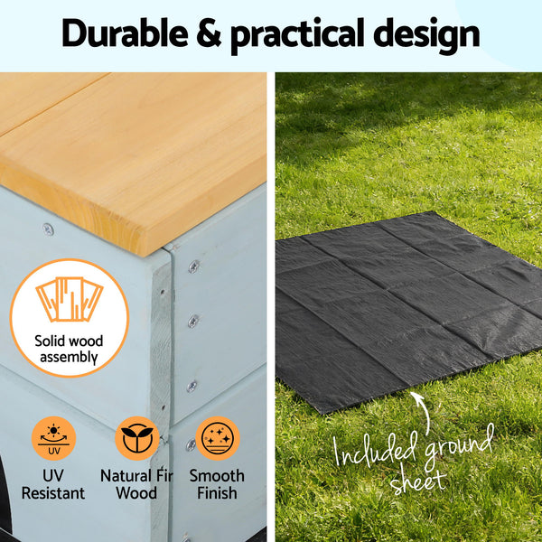 Keezi Wooden Car Sandpit Kids Sandbox Outdoor Play Toy w/ Storage Ground Sheet 120cm Awezingly