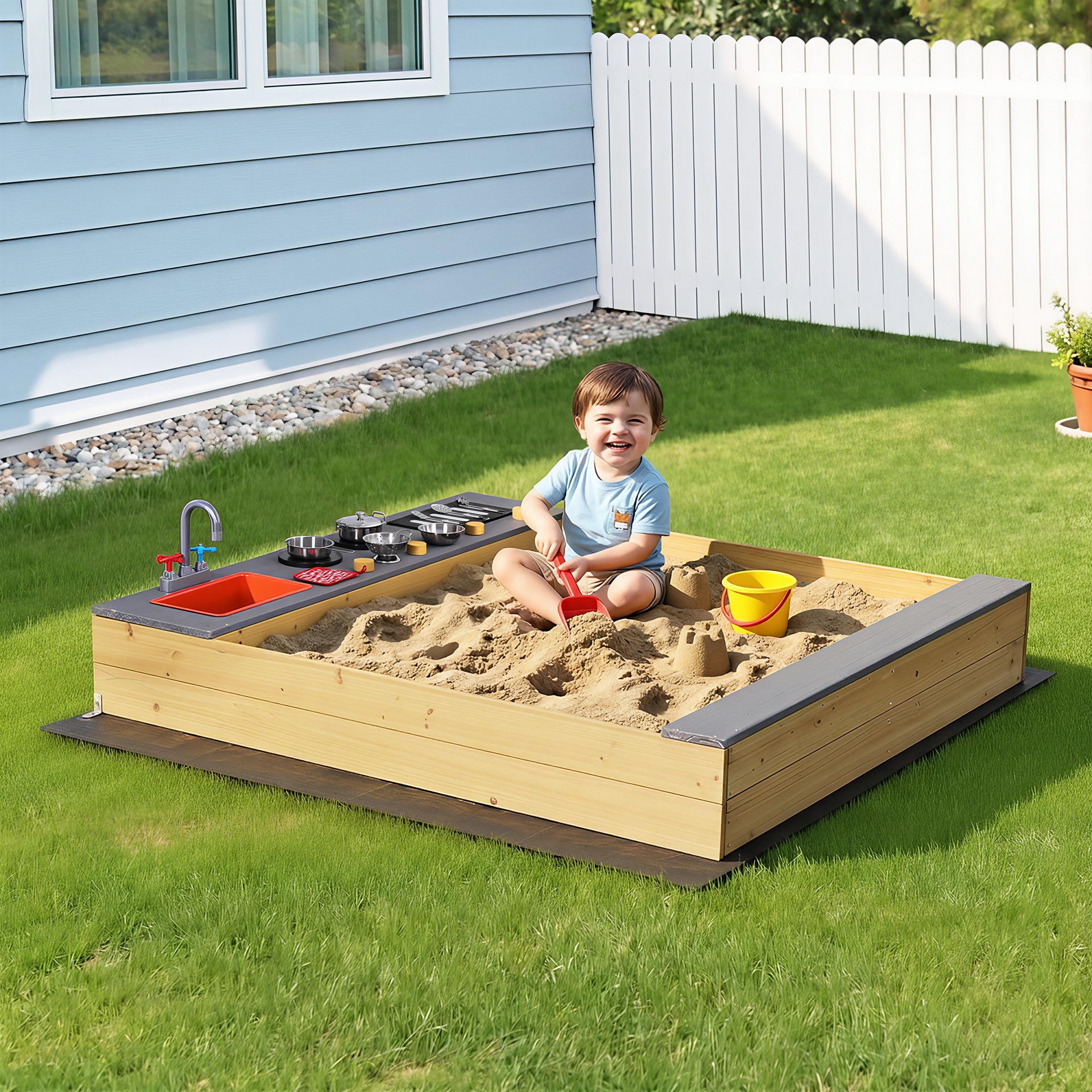 Keezi Wooden Sandpit Sand Pit Outdoor Kids Toy Box Mud Kitchen Sink Storage Bench Awezingly