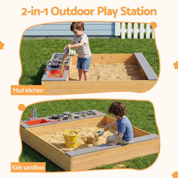 Keezi Wooden Sandpit Sand Pit Outdoor Kids Toy Box Mud Kitchen Sink Storage Bench Awezingly