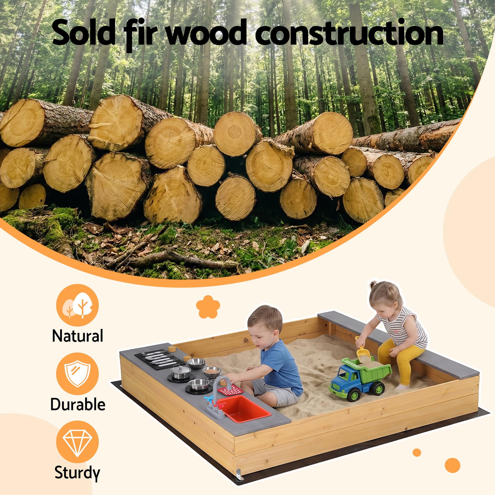 Keezi Wooden Sandpit Sand Pit Outdoor Kids Toy Box Mud Kitchen Sink Storage Bench Awezingly