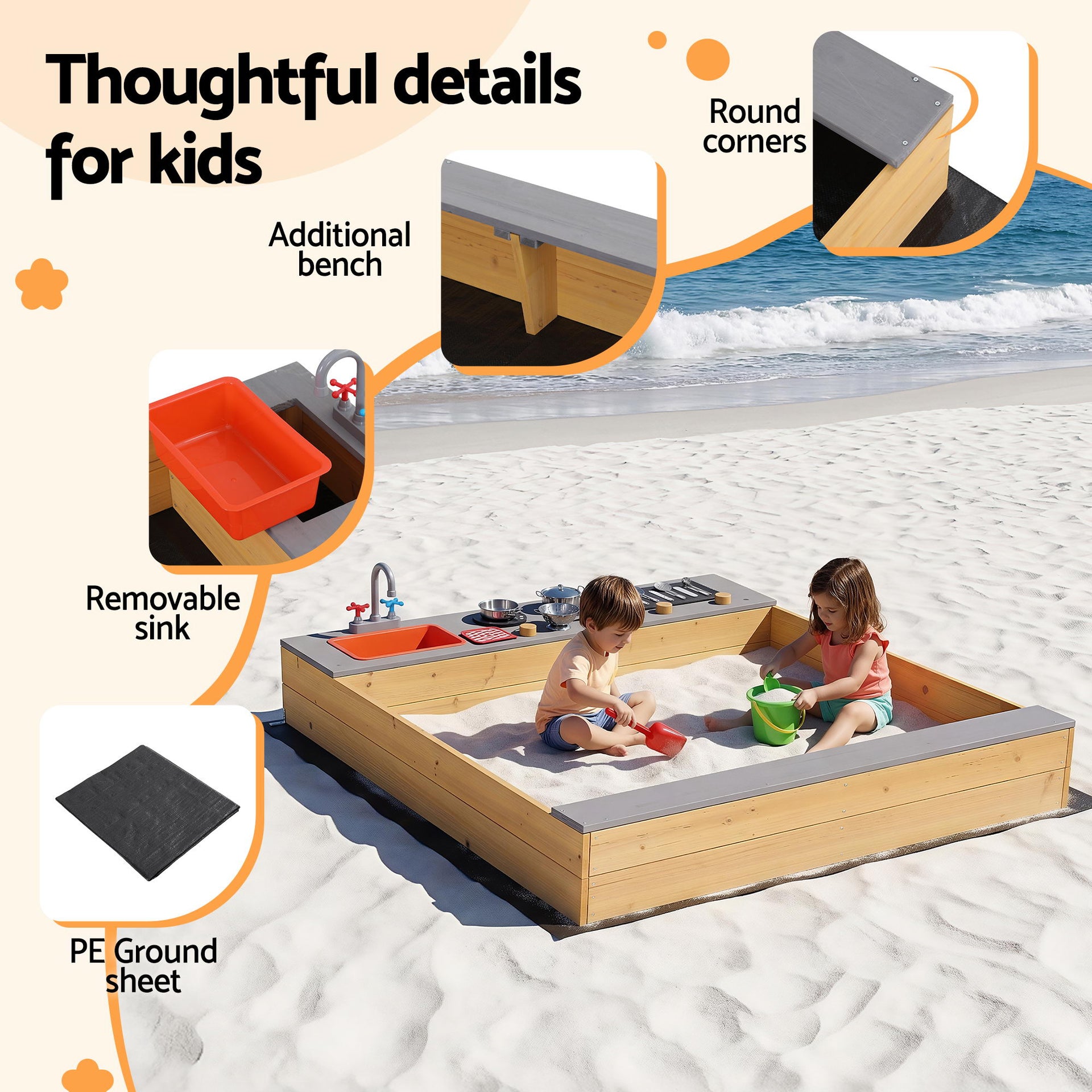 Keezi Wooden Sandpit Sand Pit Outdoor Kids Toy Box Mud Kitchen Sink Storage Bench Awezingly