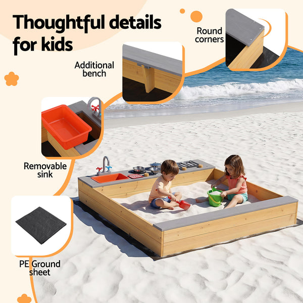 Keezi Wooden Sandpit Sand Pit Outdoor Kids Toy Box Mud Kitchen Sink Storage Bench Awezingly