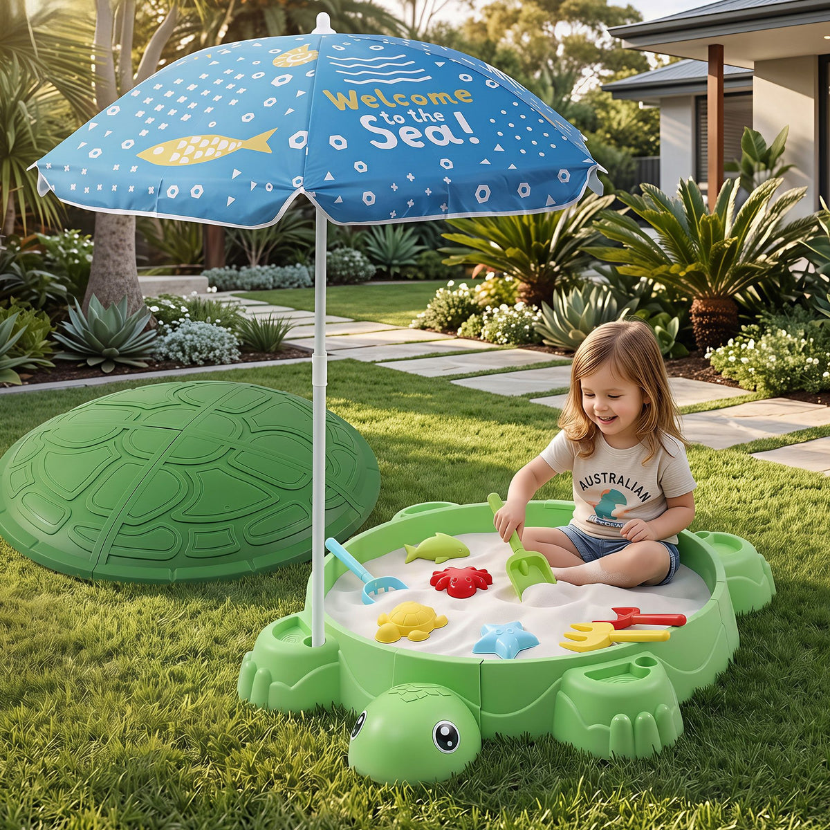 Keezi Kids Sandpit Turtle Sandbox Toys with Umbrella Lid Green 8 Accessories 3+ Awezingly