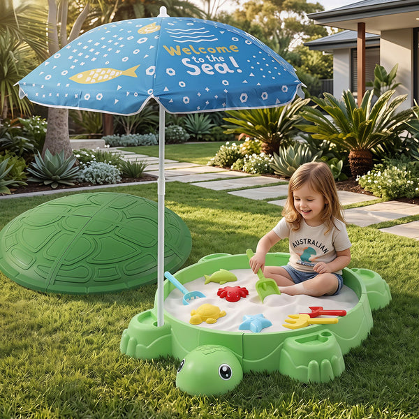 Keezi Kids Sandpit Turtle Sandbox Toys with Umbrella Lid Green 8 Accessories 3+ Awezingly