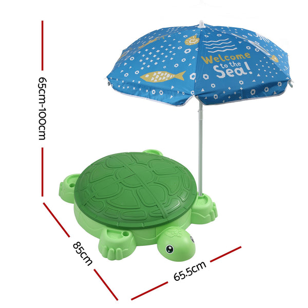 Keezi Kids Sandpit Turtle Sandbox Toys with Umbrella Lid Green 8 Accessories 3+ Awezingly