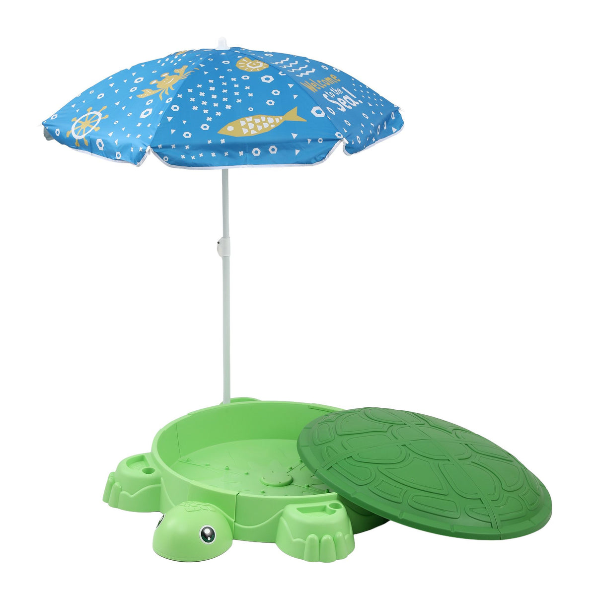 Keezi Kids Sandpit Turtle Sandbox Toys with Umbrella Lid Green 8 Accessories 3+ Awezingly