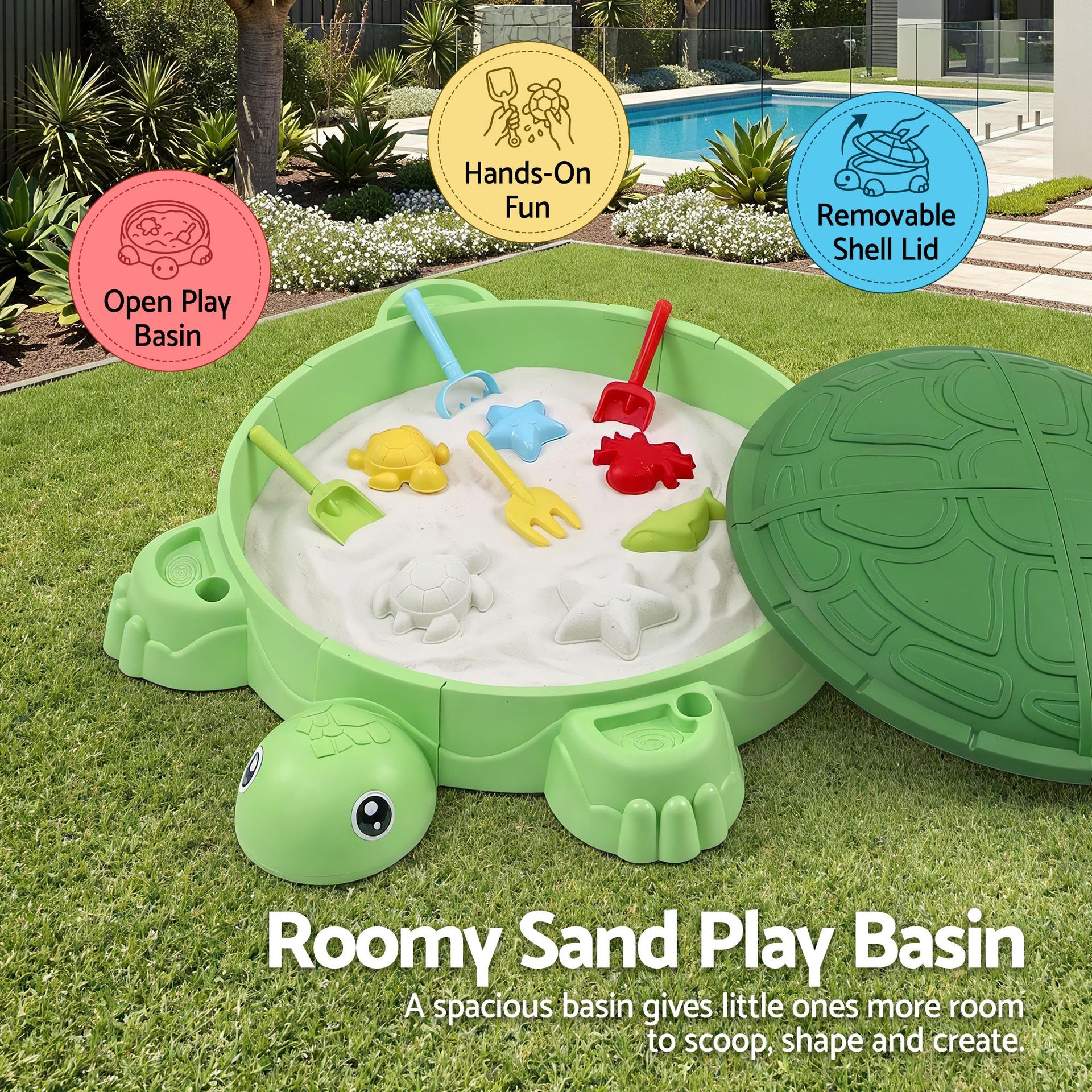 Keezi Kids Sandpit Turtle Sandbox Toys with Umbrella Lid Green 8 Accessories 3+ Awezingly