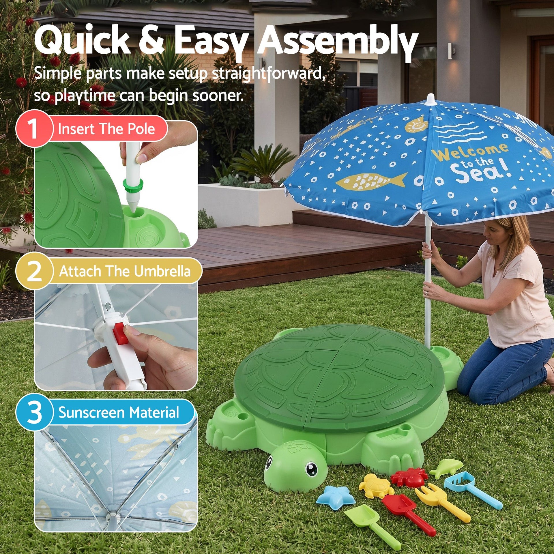 Keezi Kids Sandpit Turtle Sandbox Toys with Umbrella Lid Green 8 Accessories 3+ Awezingly