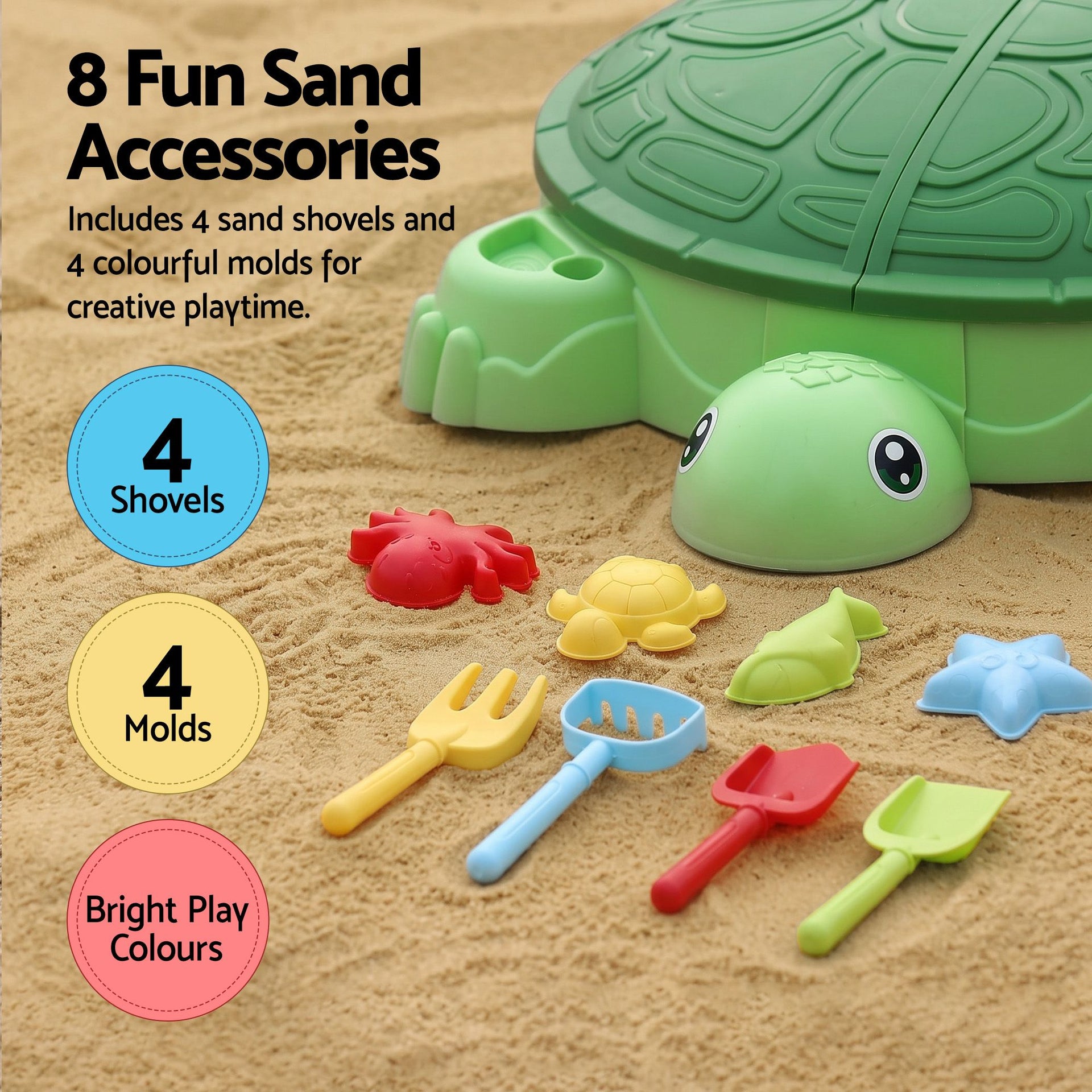 Keezi Kids Sandpit Turtle Sandbox Toys with Umbrella Lid Green 8 Accessories 3+ Awezingly