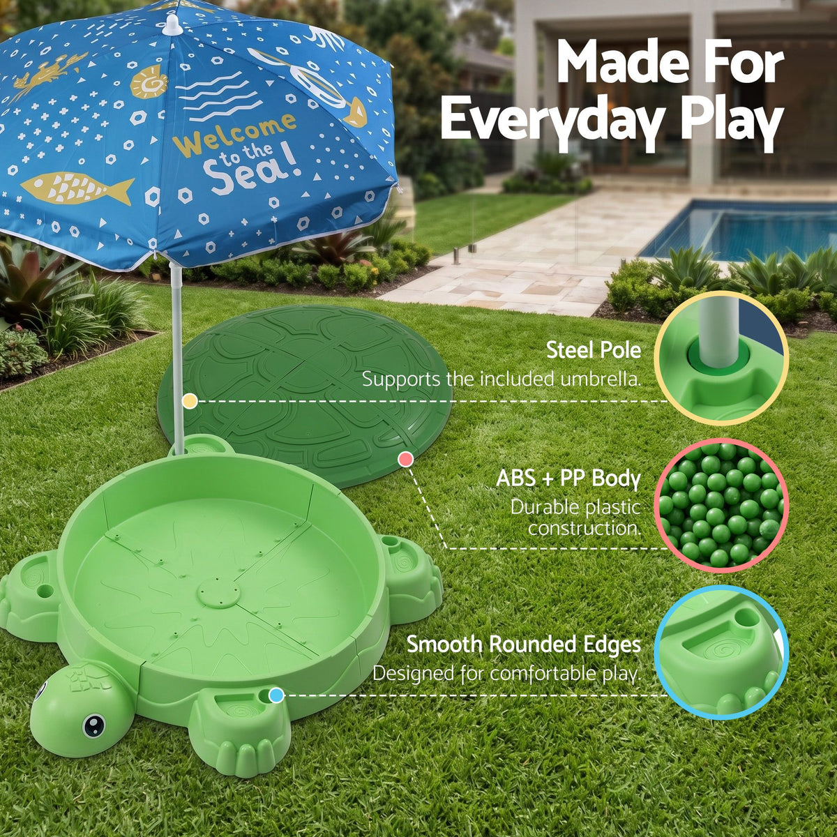 Keezi Kids Sandpit Turtle Sandbox Toys with Umbrella Lid Green 8 Accessories 3+ Awezingly
