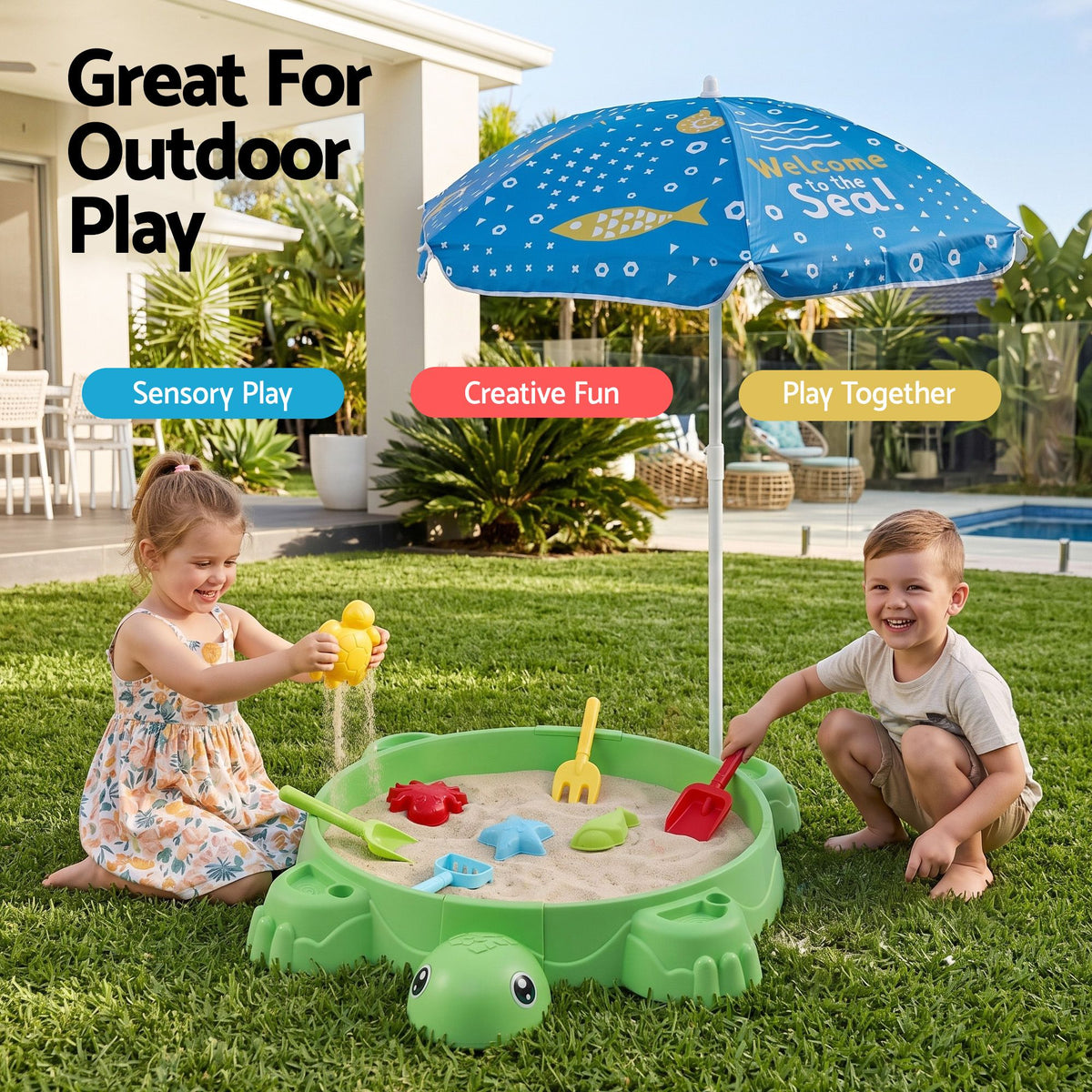 Keezi Kids Sandpit Turtle Sandbox Toys with Umbrella Lid Green 8 Accessories 3+ Awezingly