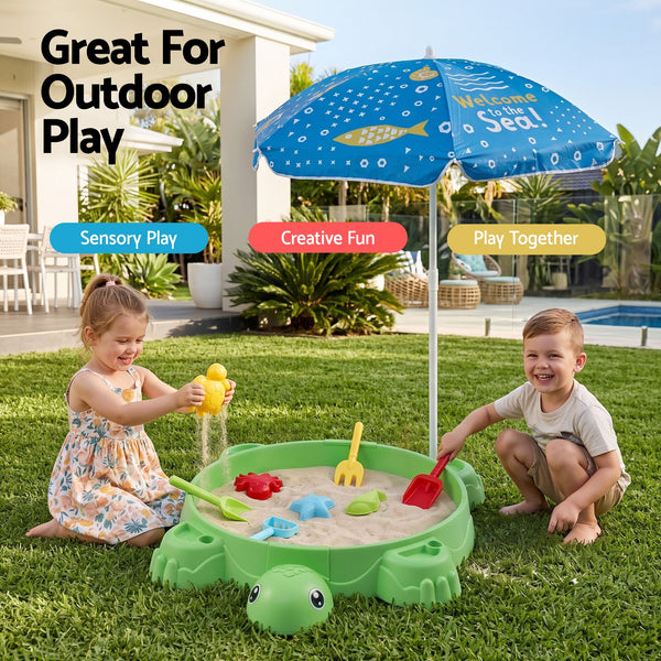 Keezi Kids Sandpit Turtle Sandbox Toys with Umbrella Lid Green 8 Accessories 3+ Awezingly