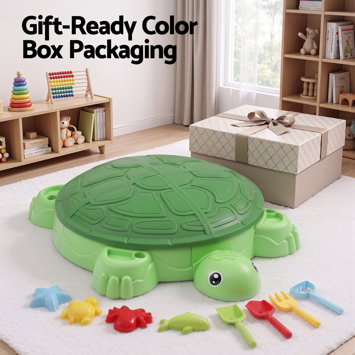 Keezi Kids Sandpit Turtle Sandbox Toys with Umbrella Lid Green 8 Accessories 3+ Awezingly