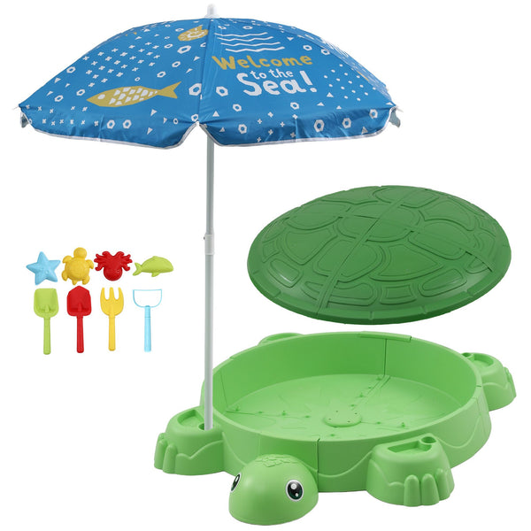 Keezi Kids Sandpit Turtle Sandbox Toys with Umbrella Lid Green 8 Accessories 3+ Awezingly