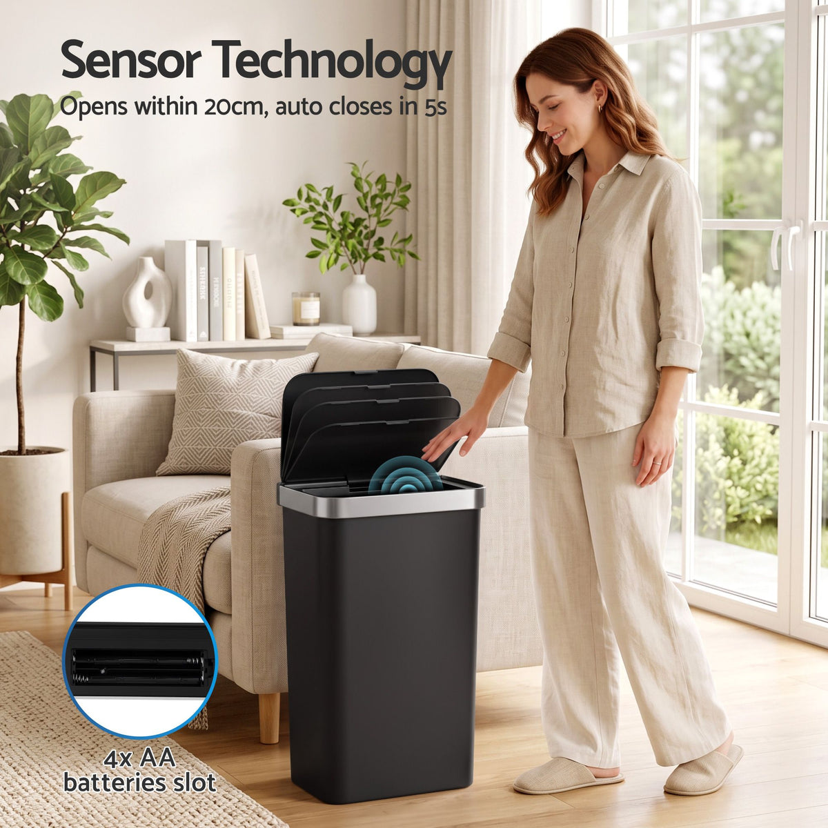 Devanti 50L Motion Sensor Trash Bin Automatic Kitchen Waste Dustbin Black Awezingly